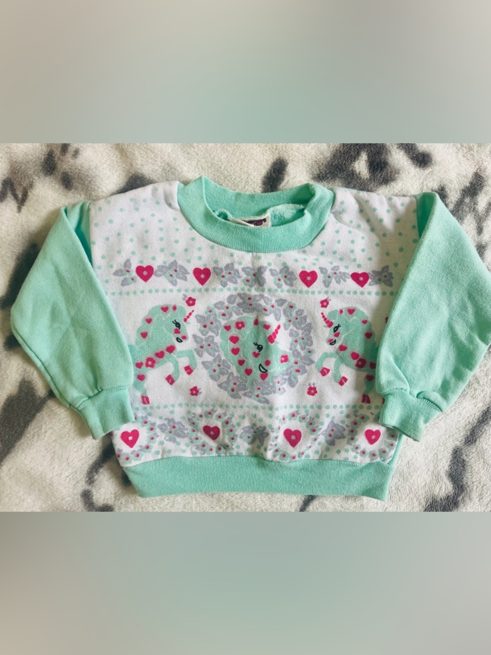 Vintage Pride & Joy Girls 2T Mint Green/White/Pink Unicorn Pullover Sweater